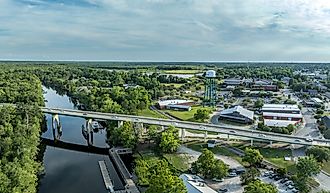 Aerial of Conway, small town on a bluff overlooking the Waccamaw River in South Carolina.