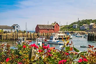 The harbor at Rockport, Massachusetts, featuring the red Motif Number 1 fishing shack.