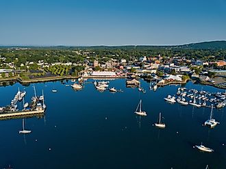 Aerial drone image of the Rockland Harbor in Maine.