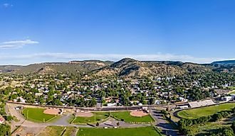 Aerial drone panorama town of Raton New Mexico USA.