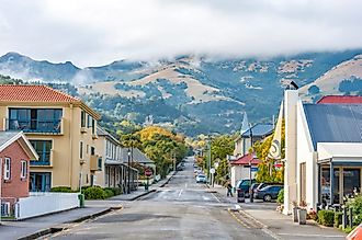  A street in the center of Akaroa, New Zealand.