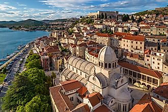 Aerial view of the Cathedral of Saint James at sunset in Šibenik old town, Dalmatia, Croatia