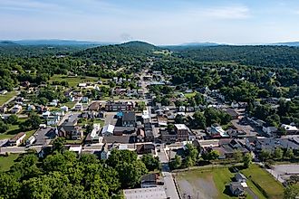Aerial view of Hancock, Maryland and surrounding hills.