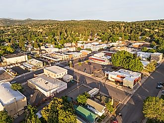 Aerial view of the historical downtown of Susanville, California at sunrise. 