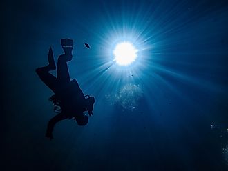 Underwater POV of sunburst with scuba diver in a blue hole, similar to what it would look like in the Green Banana. 