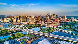 The Cumberland River flowing through downtown Nashville.