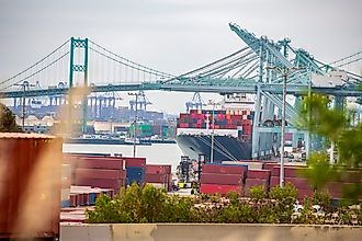 View on ships and shipping containers in port at Long Beach Harbor