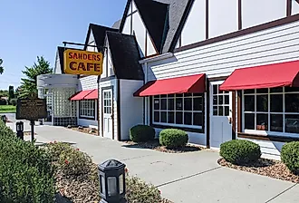 Exterior of the Sanders Cafe and Museum, the birthplace of Kentucky Fried Chicken, in North Corbin, Kentucky. Image credit Gerry Matthews via Shutterstock.com