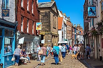 A tourist street in Whitby, North Yorkshire, England.