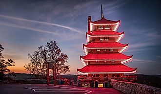 The Pagoda in Reading, PA lit up before dawn breaks in Berks County, PA.