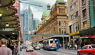 View of George Street in bustling Sydney downtown, combining fine shopping with classic and modern office buildings. Editorial credit: Lux Blue / Shutterstock.com