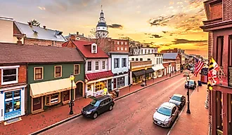 Downtown view of Main Street with the State House in Annapolis, Maryland.