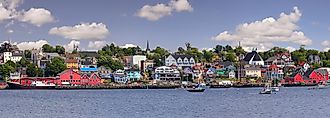 Panoramic view of UNESCO world heritage site of historic downtown Lunenburg and harbor at the Atlantic Ocean, Nova Scotia, Canada