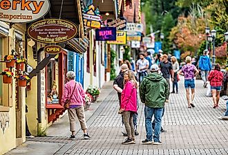 Helen, Georgia, a Bavarian village town with traditional architecture and tourists. Image credit Kristi Blokhin via Shutterstock.