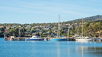 A variety of boats moored in St Helens on the East Coast of Tasmania in Australia.