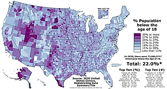 Proportion of Americans under the age of 18 in each county of the fifty states, the District of Columbia, and Puerto Rico as of the 2020 United States census. By Abbasi786786 - Own work, CC BY-SA 4.0, https://commons.wikimedia.org/w/index.php?curid=113128