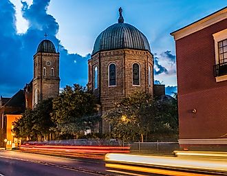Light trails captured at the Minor Basilica in Natchitoches, Louisiana.