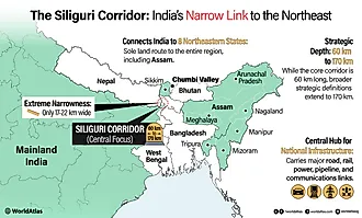 The Siliguri Corridor links mainland India to the northeastern states through a narrow strip of West Bengal.