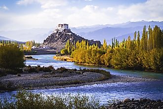 A winding section of the Indus River, shared by India and Pakistan.