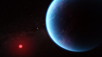 Artist's impression of K2-18b (right) orbiting red dwarf K2-18 (left); the small crescent in the middle is K2-18c in planetary phase. Illustration: NASA, ESA, CSA, Joseph Olmsted (STScI)Science: Nikku Madhusudhan (IoA), Public domain, via Wikimedia Common