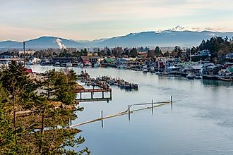 Aerial view of the charming river town of La Conner, Washington.