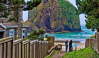 Walking path down to the beach at Cannon Beach, Oregon Coast.