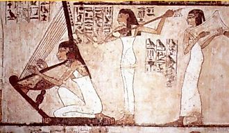 Ancient Egyptians playing music. In Wikipedia. https://en.wikipedia.org/wiki/Egypt By Brenda Williams - Ancient Egyptian Homes. Capstone Classroom. ISBN 978-1-4034-0514-2., Public Domain, https://commons.wikimedia.org/w/index.php?curid=114775043