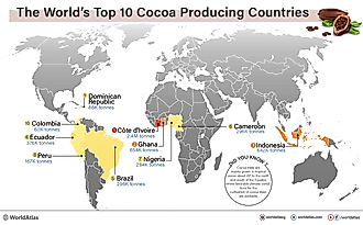 A map showing the top 10 cocoa producing countries in the world