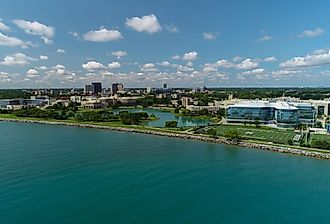 Aerial Waterfront View of Northwestern University Campus in Evanston, Illinois. Image credit Aerialworks USA via Shutterstock