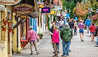 Colorful local businesses in Helen, Georgia. Editorial credit: Kristi Blokhin / Shutterstock.com.