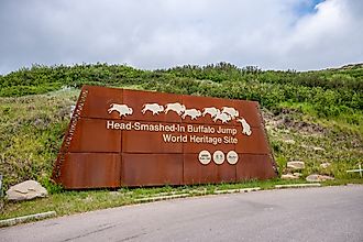 Entrance signage for the Head-Smashed-In Buffalo Jump World Heritage Site, via Jeff Whyte / Shutterstock.com