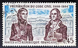 Postage stamp featuring Napoleon Bonaparte (left) and Jean Portalis (right). 