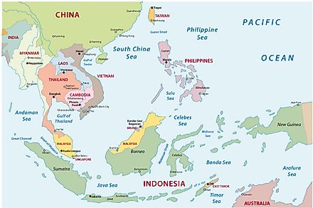 A map showing southeast Asia. 