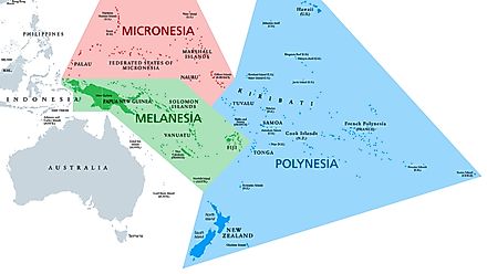 A map depicting Melanesia, Micronesia and Polynesia. Image credit: Peter Hermes Furian/Shutterstock