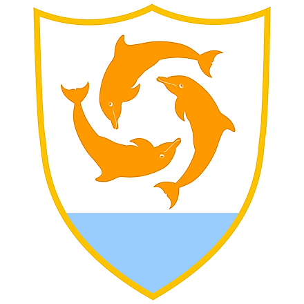 Coat of Arms of Anguilla features three interlocking dolphins jumping out of the blue seawater.