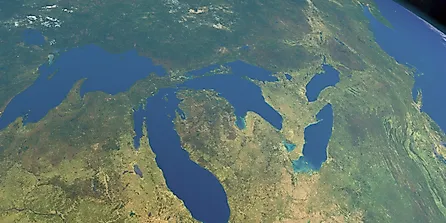 Great lakes in America in planet Earth, aerial view from outer space, 3d rendering