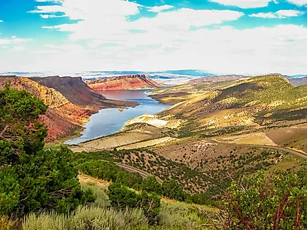 Aerial view of Flaming Gorge National Recreation Area located between Utah and Wyoming, a reservoir on the Green River, created by Flaming Gorge Dam