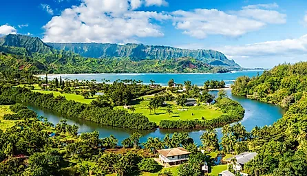 The Hanalei River meeting the Hanalei Bay in Hawaii.