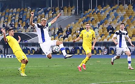 Paulus Arajuuri of Finland attacks during the FIFA World Cup 2022 Qualifying round game against Ukraine at NSK Olimpiyskiy stadium in Kyiv - Editorial credit: katatonia82 / Shutterstock.com