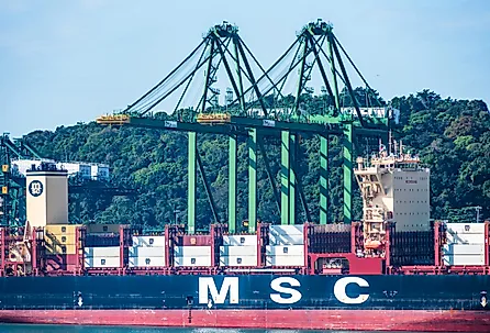 Container terminal with gantry cranes and berthed MSC merchant ship during cargo operation in port of Balboa, Panama. Image credit Mariusz Bugno via Shutterstock