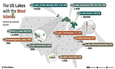Infographic of US Lakes with the most islands. 