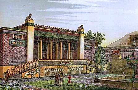 Recreation by Charles Chipiez of the gardens outside the palace of Darius I in Persepolis.