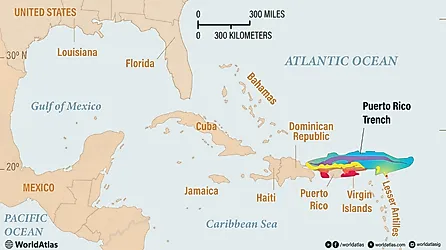 The purple sea floor at the center of the view is the Puerto Rico Trench, the deepest part of the Atlantic Ocean.