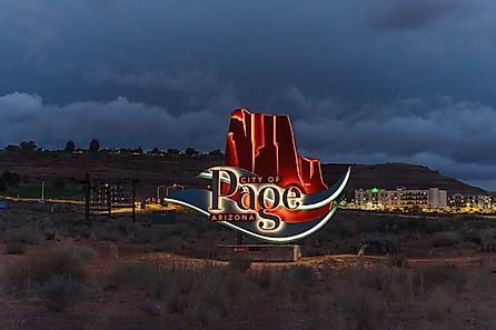 Illuminated 'City of Page' sign in Page, Arizona. Editorial credit: Angel DiBilio / Shutterstock.com
