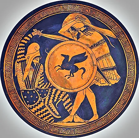 Greek hoplite and Persian warrior fighting each other. Depiction in ancient kylix. 5th c. B.C. National Archaeological Museum of Athens. Image via Wikimedia Commons.