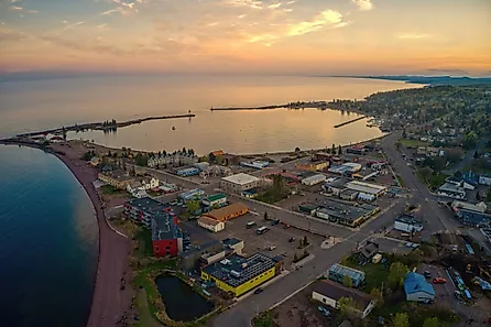 Aerial View of Grand Marais, Minnesota, at sunset.