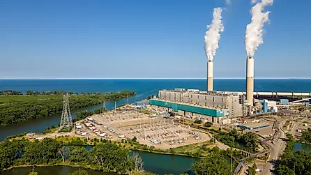 Aerial view of the Monroe Coal-Fired Power Plant on the shore of Lake Erie, Monroe Michigan