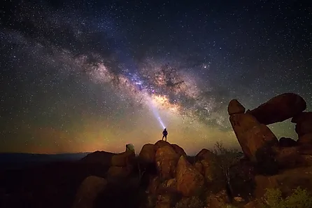 Milky Way at Balanced Rock, Big Bend National Park, Texas, USA. Constellation and galaxy.
