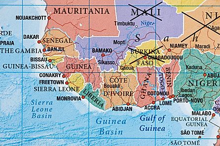 Senegal, Guinea, Liberia, Cote D'ivoire, Ghana, Togo, Benin, Burkina Faso on the world map.