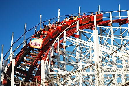 Thrill seekers come around on the drop of the Big Dipper Roller Coaster in Santa Cruz, California. 